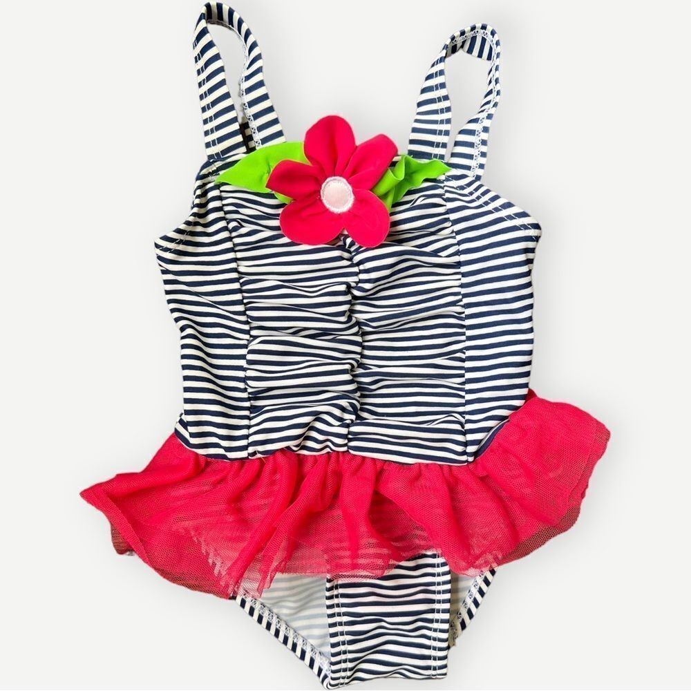 Koala Kids Baby Girls One Piece Flower Appliqué Striped Bathing Suit. 18 Months.